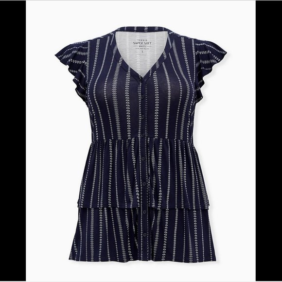 TORRID NAVY WHITE BUTTON FRONT LAYERED BABYDOLL SOFT TOP - Picture 3 of 6